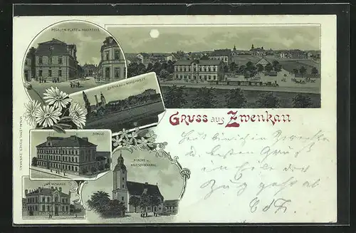 Mondschein-Lithographie Zwenkau, Pegauerplatz mit Marktstr., Schule, Kirche mit Kriegerdenkmal