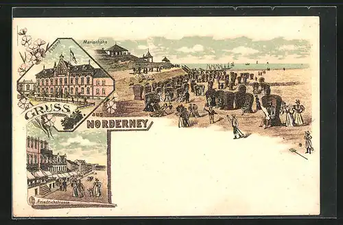 Lithographie Norderney, Friedrichstrasse, Marienhöhe mit Strandkörben, Postamt