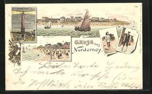 Lithographie Norderney, Leuchtthurm in Betrieb, Weststrand, Panorama