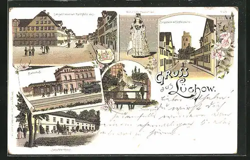 Lithographie Lüchow, Gasthof Schützenhaus, Langestrasse, Burgstrasse, Bahnhof