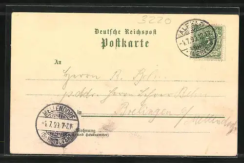 Lithographie Alfeld a. d. Leine, Reichsbank, Rathaus mit Krieger-Denkmal, Kreis-Ständehaus