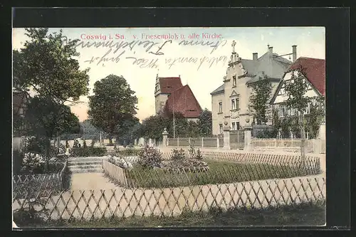 AK Coswig i. Sa., Friesenplatz und alte Kirche
