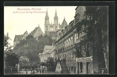 AK Obermeisa-Meissen, Ortspartie und Bäckerei mit Blick nach der Königlichen Albrechtsburg