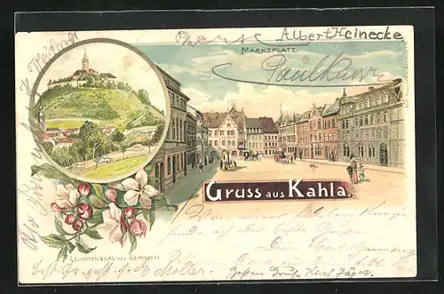 Lithographie Kahla, Marktplatz, Leuchtenburg von Seitenroda
