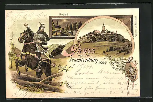 Lithographie Kahla, Leuchtenburg, Burghof bei Mondschein, Ritter zu Pferde