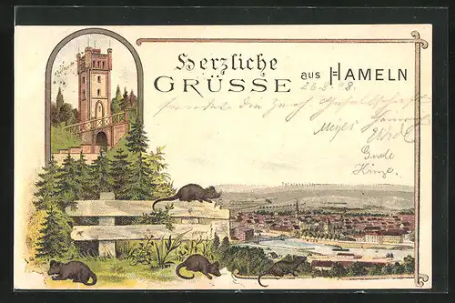 Lithographie Hameln, Totalansicht, Klütturm, Ratten