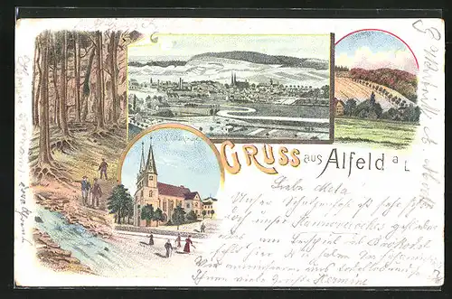 Lithographie Alfeld a / L., Teilansicht bei Mondschein, St. Nikolaikirche, Schlehb