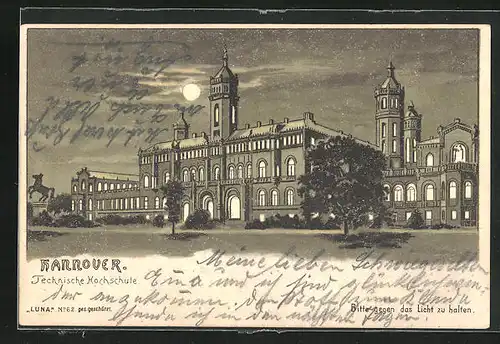 Lithographie Hannover, Technische Hochschule bei Mondschein, Halt gegen das Licht