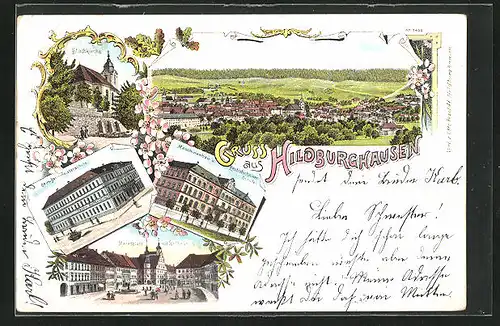Lithographie Hildburghausen, Maschinenbau- und Elektrotechniker-Schule, Stadtkirche, Marktplatz mit Rathaus