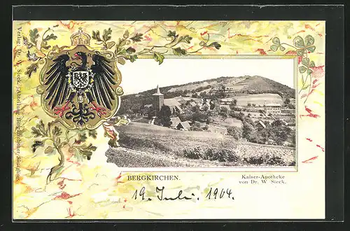 Passepartout-Lithographie Bergkirchen, Teilansicht und Kirche, Adler mit Wappen