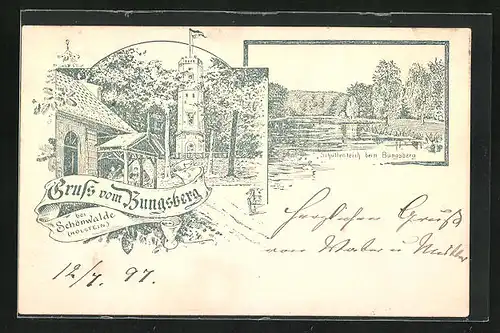 Lithographie Bungsberg bei Schönwalde / Holstein, Gasthaus, Schüttenteich