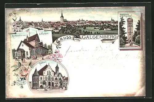 Lithographie Hildesheim, Restaurant G. Fischer, Rathaus, Aussichtsturm auf dem Galgenberg