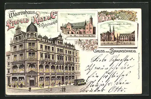 Lithographie Braunschweig, Warenhaus Leopold Katze & Co. am Kohlmarkt 8, Altstadtmarkt mit Brunnen
