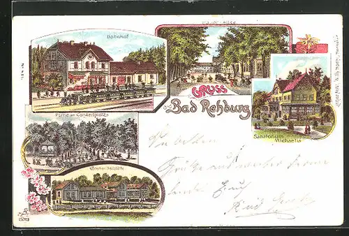 Lithographie Bad Rehburg, Bahnhof mit Dampflok, Haupt-Allee, Partie am Konzertplatz