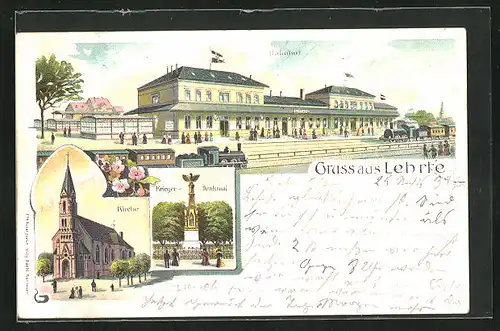 Lithographie Lehrte, Bahnhof mit einfahrender Dampflok, Kriegerdenkmal, Kirche im Dämmerungslicht