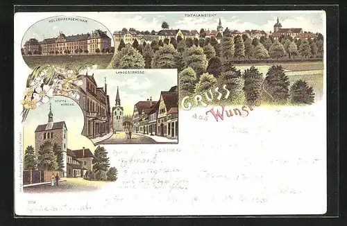 Lithographie Wunstorf, Langestrasse, Stiftskirche, Kgl. Lehrerseminar