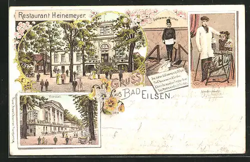 Lithographie Bad Eilsen, Restaurant Heinemeyer, Hotel mit Kursaal, Landestracht