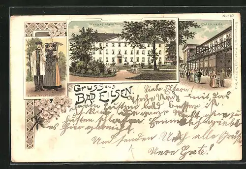 Lithographie Bad Eilsen, Colonade, Grosses Logierhaus, Paar in Tracht