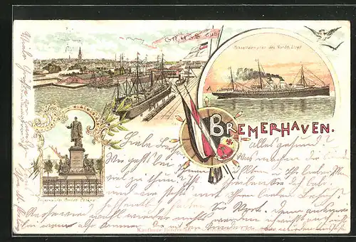 Lithographie Bremerhaven, Schnelldampfer des Nordd. Lloyd, Bürgermeister Smidt Denkmal, Hafen mit Dampfer