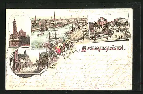 Lithographie Bremerhaven, Geesterbrücke, Bürgermeister Smidtstr., Hafen mit Dampfer und Ortsansicht