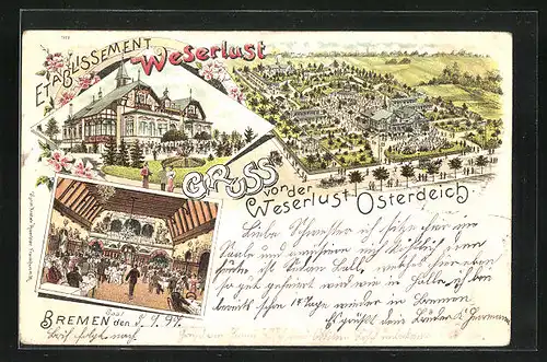 Lithographie Bremen, Gasthof Weserlust aus der Vogelschau