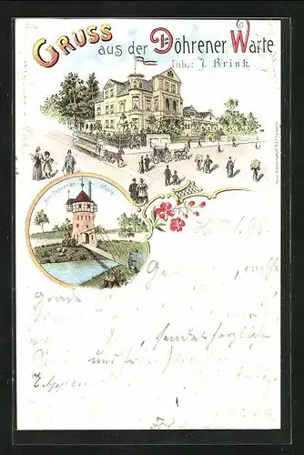 Lithographie Hannover, Gasthof Döhrener Warte mit Strassenbahn, Alte Döhrener Warte