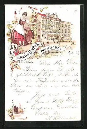 Lithographie Hannover, Gasthof Kulmbacher Bierhalle in der Bahnhofstrasse, Wappen