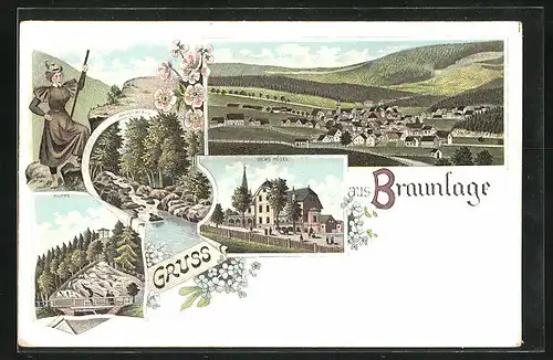 Lithographie Braunlage, Berg Hotel, Klippe, Gesamtansicht, Wasserfall