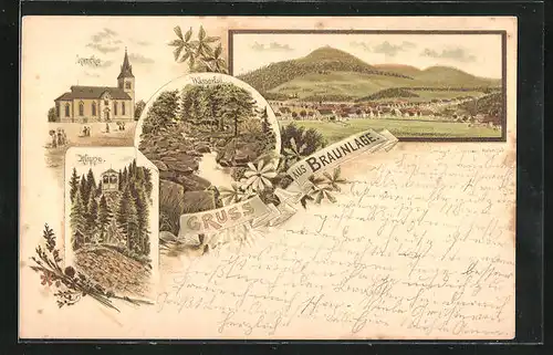 Lithographie Braunlage, Klippe mit Pavillon, Wasserfall, Kirche