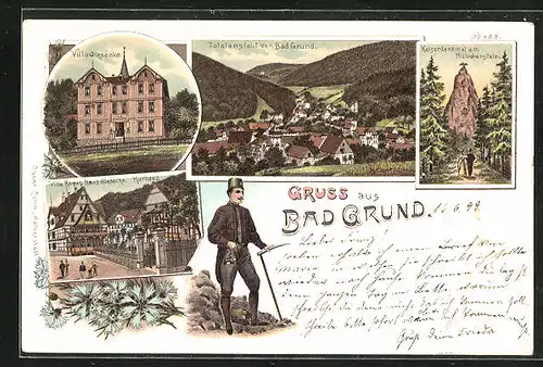 Lithographie Bad Grund, Hotel Kurhaus, Villa Römer, Villa Giesecke