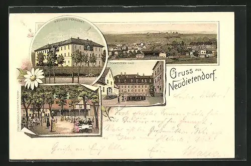 Lithographie Neudietendorf, Mädchen-Pensionat, Schwestern-Haus, Gasthofs-Garten