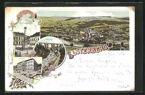 Lithographie Elsterberg, Schule, Brücke, Kriegerdenkmal