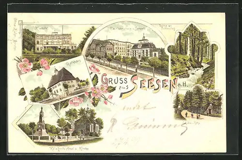 Lithographie Seesen, Kurhotel, Jacobsonschule u. Tempel, Schildau-Köthe