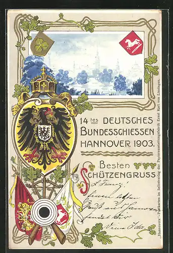 Präge-AK Hannover, 14. Deutsches Bundesschiessen 1903, Stadt-Panorama, Wappen