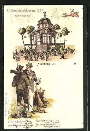 Lithographie Nürnberg, XII. Bundesschiessen 1897, Gabentempel, zechende Schützen