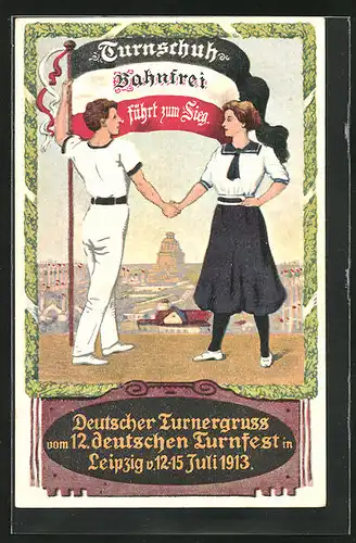 Künstler-AK Leipzig, 12. deutsches Turnfest 1913, Turnschuh Bahnfrei, Turner reichen sich die Hand