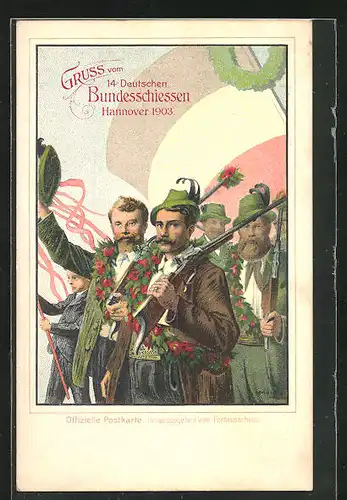 Künstler-AK Hannover, 14. Deutsches Bundesschiessen 1903, Ausmarsch der Schützen