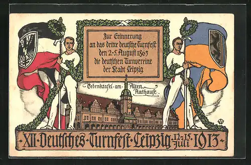 Künstler-AK Leipzig, XII. Deutsches Turnfest 1913, Gedenktafel am alten Rathaus