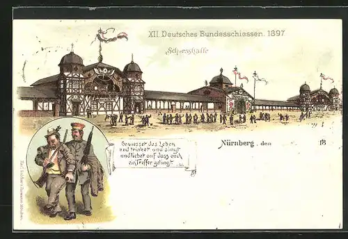 Lithographie Nürnberg, XII. Deutsches Bundesschiessen 1897, Schiesshalle