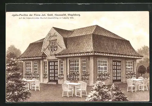 AK Leipzig, Internationale Baufach-Ausstellung 1913, Igeha-Pavillon des Kakao-Produzenten J. G. Hauswaldt aus Magdeburg