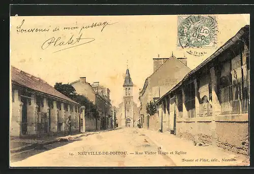 AK Neuville-de-Poitou, Rue Victor Hugo et Eglise