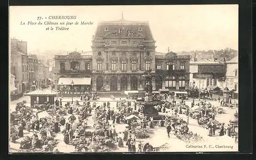 AK Cherbourg, La Place du Chateau un jour de Marché et le Théatre