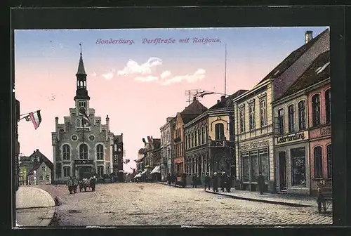 AK Sonderborg, Perlstrasse mit Rathaus