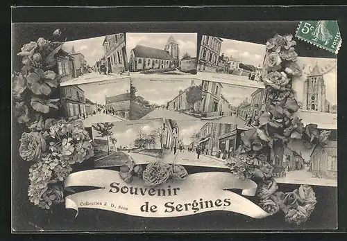 AK Sergines, L`Eglise, La Rue des Tuillon, La Grande Rue, La Poste
