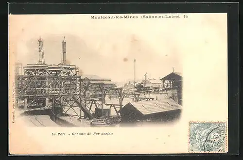 AK Montceau-les-Mines, Le Port, Chemin de Fer aerien, Blick auf die Kohleverladung am Hafen