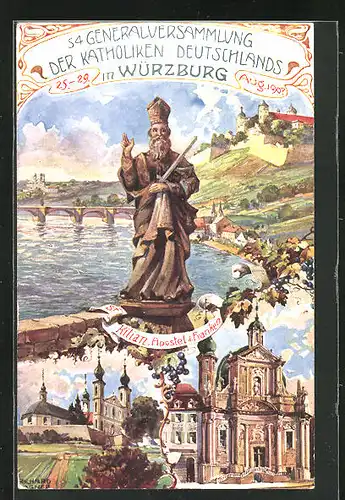 Künstler-AK Würzburg, 54.Generalversammlung d. Katholiken Deutschlands, St. Kilian, Apostel d. Franken, Ganzsache Bayern