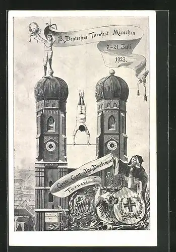 Künstler-AK München, 13. Deutsches Turnfest 1923, Turner an der Frauenkirche, Münchner Kindl, Ganzsache