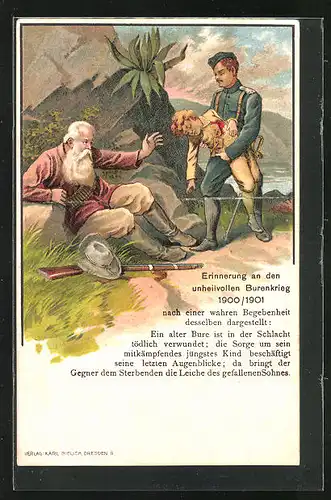 Künstler-AK Erinnerung an den Burenkrieg 1900 /1901, verwundeter Bure und die Sorge um das jüngste mitkämpfende Kind