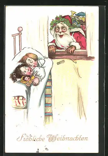 AK Weihnachtsmann blickt durch eine Fenster auf schlafende Kinder