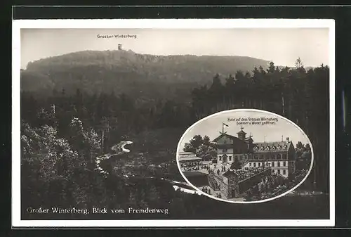 AK Bad Schandau, Blick vom Fremdenweg zum grossen Winterberg, Hotel auf dem Winterberg